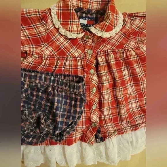 Vtg Tommy Hilfiger 3-6 Mo. Red, Blue, and White Plaid w/ Ruffles. Two Piece Set. - Picture 2 of 6